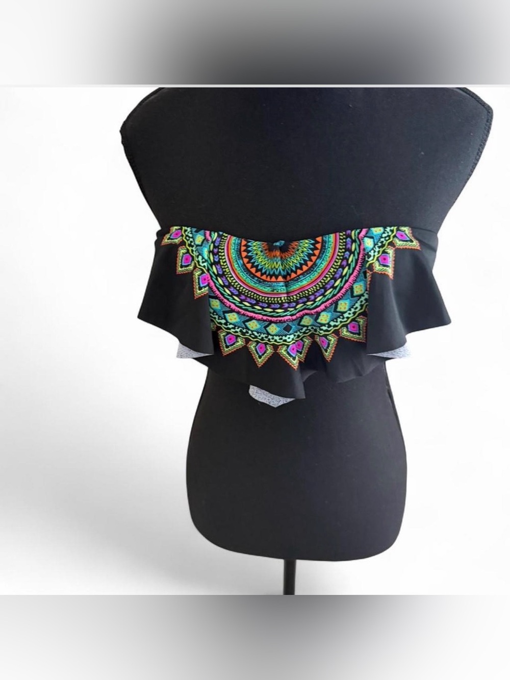 Xhiliration women’s Black Ruffled Top with  Mandala size medium